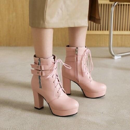 Sianie Tianie Winter Warm Consise Ladies Pumps Cross-Tied Platform Block High Heels Office Wedding Womens Ankle Boots Size 33-48