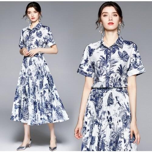 2021 Summer fashion casual women short sleeve turn down collar Printed short-sleeved blouse tops+ pleated skirts 2 piece sets