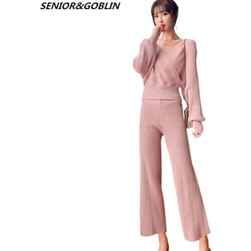 New 2019 Winter Knitted 2 Pieces Set Women Sexy V Neck Soft Pullover Quality Sweater+Pant Set Autumn 2Pcs Clothes Tracksuit