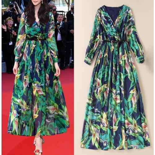 JSXDHK 2020 New Runway Designer Women Holiday Maxi Dress Autumn V Neck Flower Print Chiffon Long Sleeve Vintage Party Long Dress