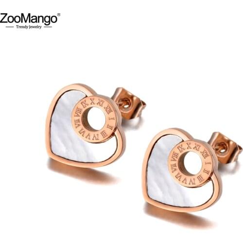ZooMango Trendy 316L Stainless Steel White Shell & Black Acrylic Heart Roman Numeral Wedding Earrings Jewelry For Women ZE20085