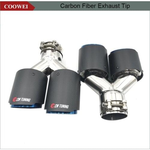 1Pair Universal Real Carbon Fiber Exhaust Pipe Dual Exhaust Tip +Blue Stainless Steel Quad Muffler Pipe