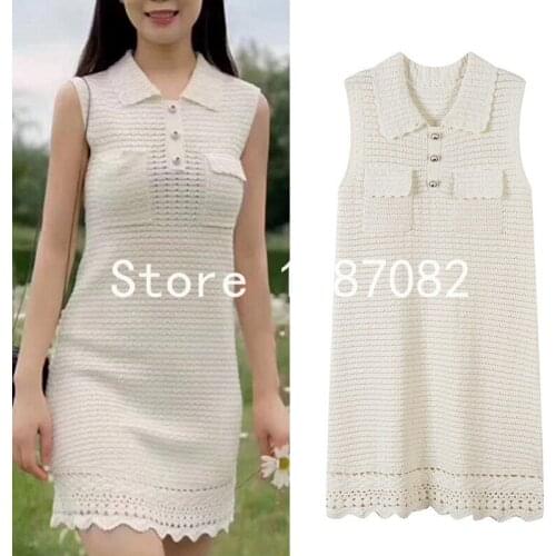 2020 summer women sleeveless hollow out knitted dress designer girls sweet turn down collar mini tank dresses JC507