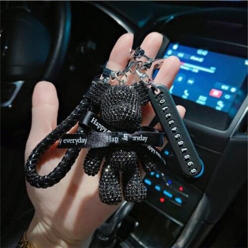 Diamond Bear Car Keychain Anti-lost Mobile Phone Number Plate Car Keychain Pendant Car Key Ring Pendant