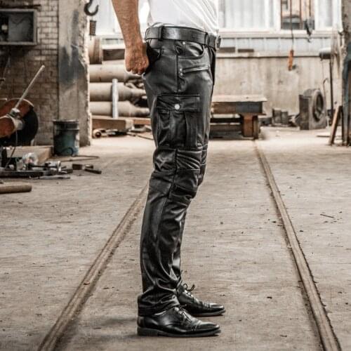 Brand Designer Genuine Leather Pants Male Profession Motorcycle Biker Long Trousers Vintage Large Size Soft Cowskin Black Pants