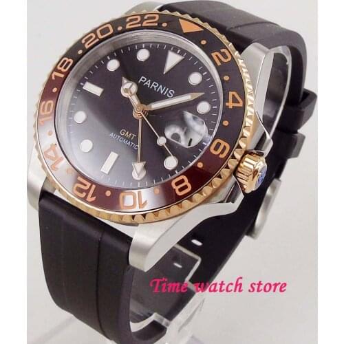 Luxury 40mm PARNIS gold GMT 3804 Automatic watch men waterproof black dial luminous sapphire ceramic rubber strap 1205