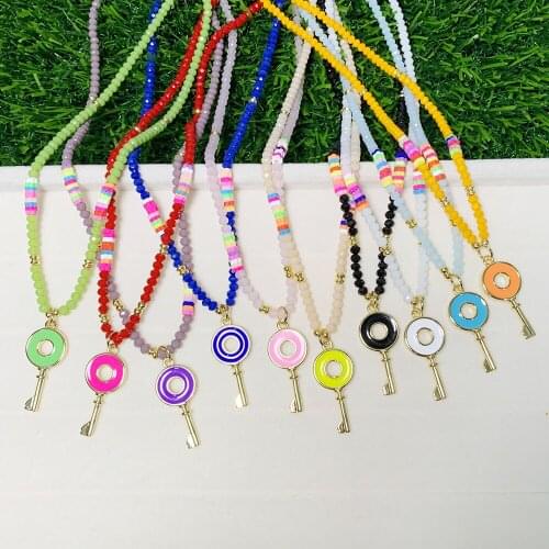 Enamel Brass Gold-Plated Key Shape Pendant Coloured Bead Necklace Clay/Plating Accessories Spacing Chain