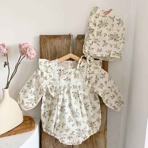 Korean Style Spring Autumn Baby Girls Clothes Cotton Long Sleeve Printing Baby Girl Bodysuits+Hat Newborn Baby Girls Jumpsuit