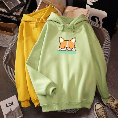 Korean Fashion Harajuku Hoodies Women Corgi Dog Print Kawaii Hooded Japanese Streetwear Casual Sweatshirt Female Autumn Pullover