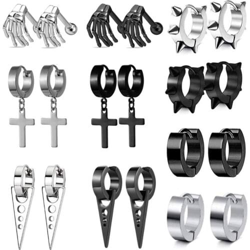 2Pcs Trendy Mens Women Universal Earring Set Stainless Steel Cross Pendant Round Stud Earrings Piercing Jewelry Ear Clips
