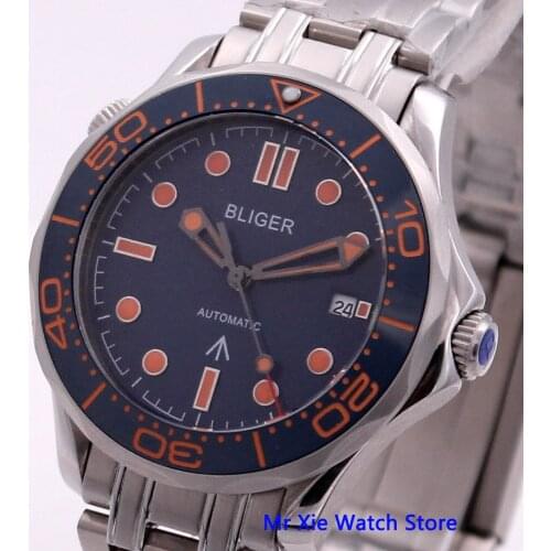 Bliger 41mm Blue Dial Automatic Mechanical Mens Watch Sapphire Crystal Luminous Waterproof Calendar Wristwatch Men