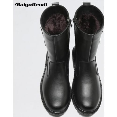 US Size New Trendy Mens Leather Zip Waterproof Super Warm Mid-calf Snow Boots Winter Outdoor Plush Cotton Shoes