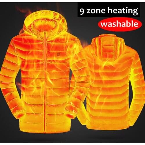 Men 9 Place Heated Winter Warm Jackets USB Heating Padded Jackets Smart Thermostat Pure Color Hooded Heated Clothing Waterproof