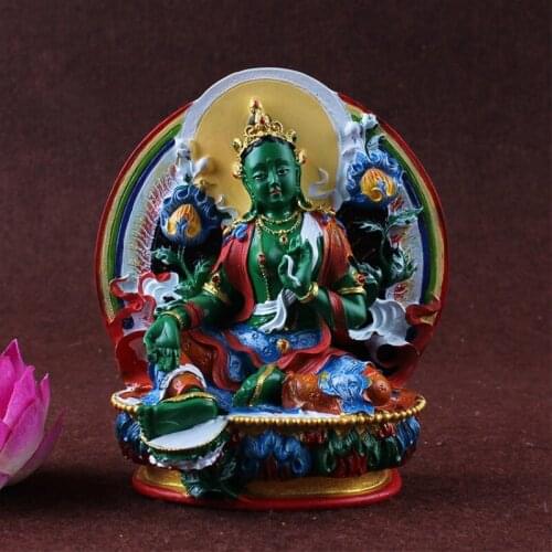 Misfortunes Resin Green Tara Bodhisattva Statue Tibetan Tantric Buddhist Hand Painted Small Exquisite Statues Figurines