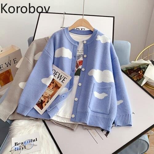 Korobov 2021 New Fashion Women Cardigans Korean Japanese Style Cardigan Sweaters Autumn Vintage Preppy Style Clouds Sweater