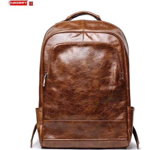 Retro New Mens Leather Backpack Womens Leather Travel Backpack Large Capacity Portable 16 Inch Computer Bag Schoolbag Men Soft