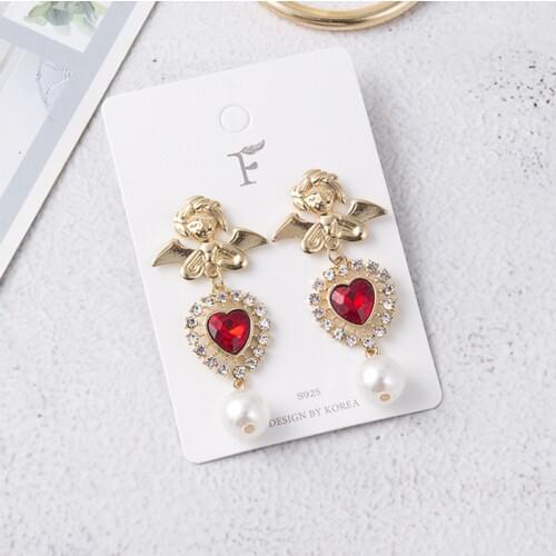New Personality Angel Wings Red Full Rhinestone Love Heart Drop Earrings Charm Simulated Pearl Pendant Women Jewelry 5B1040
