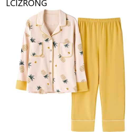 Spring 10 Colors Cotton Long Pajamas Set Women Cute Fruits Print M-3XL Big Size Nightgowns Soft Home Sleepwear Lingerie Female