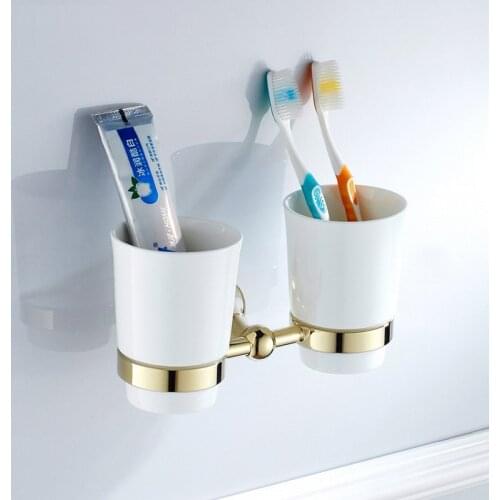 Luxury Gold Brass Double Tumbler Holder Cup & Tumbler Holders Toothbrush Holder Bathroom Accessories
