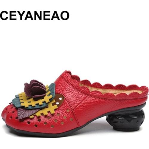 CEYANEAO Summer Slippers Flower Retro Sandals Shoes Women Genuine Leather Closed Toe Handmade Comfortable Women Flat ShoesE1771