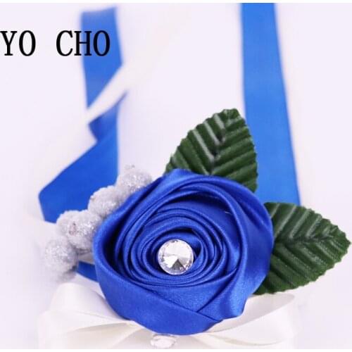 YO CHO Noble Blue Rose With Diamond Wrist Hand Flowers Rose Silk Ribbon Bridal Bridesmiad Hand Flower Bridal Prom