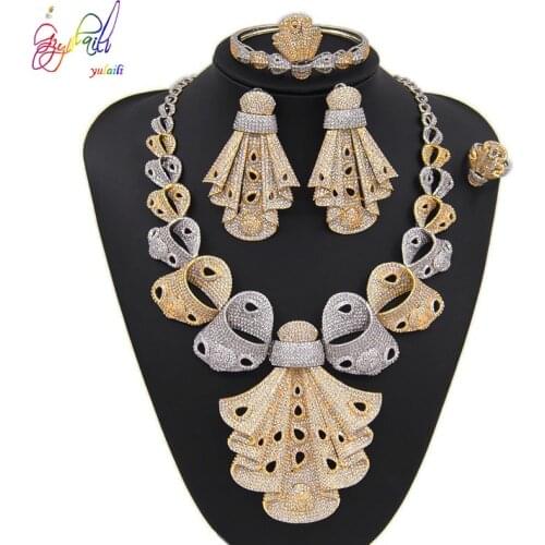 Yulaili Luxury Bridal Wedding Jewelry Sets Two Tone Cubic Zirconia Bowknot Necklace Earrings Bracelet Ring Accessories for Women