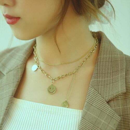 2020 Fashion Gold Color Smiley Pendant Necklaces Women Stainless Steel Jewelry Accessories Double layer Chain Necklace Wholesale