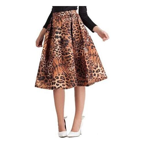 S-XL Oversize Vintage Tiger Printed Skirts Womens New Fashion Midi Puff Zipper Elastic Waist A Line Pleated Leopard Skirt