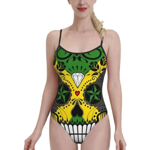 Women Exotic Bikinis Sugar Skull With Roses And Flag Of Jamaica Women Swimsuit One-Piece Swimwear R333 bathing suit SwimSuit