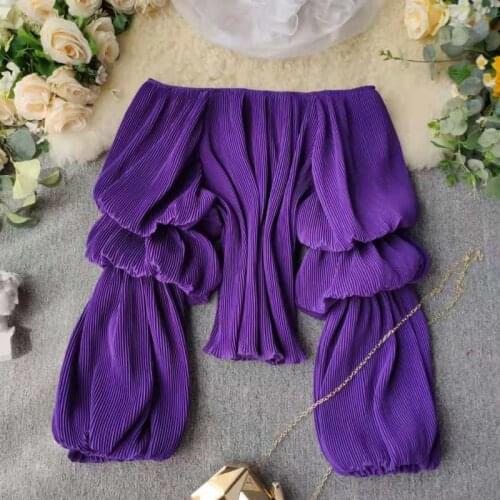 Womens Slash Neck Tops Cyber Celebrity Spring Summer New Design Pleated Lantern Sleeves Chiffon Short Shirt Tops Tide Y870