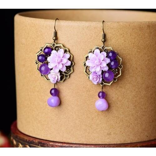 BOEYCJR Ethnic Vintage Natural Purple Stone Bead Flower Dangle Earrings Fashion Jewelry Drop Earrings For Women