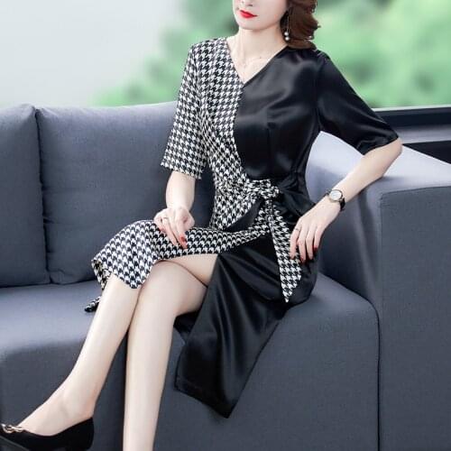 2021 Spring Vintage Black Satin Patchwork Midi Dress Summer Women Casual 4XL Plus Size Sundress Elegant Bodycon Party Vestidos