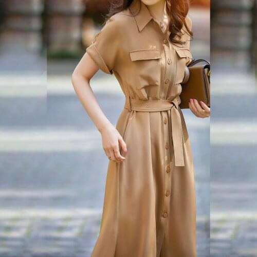 Nice summer new short sleeve waist closing slim mulberry silk heavy crepe lace up shirt dress for women