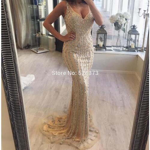 YNQNFS ED66 Vestido Longo Abiye Luxury Crystal Beaded Mermaid Formal Evening Dress Dubai Party Ball Dress Abendleider 2018