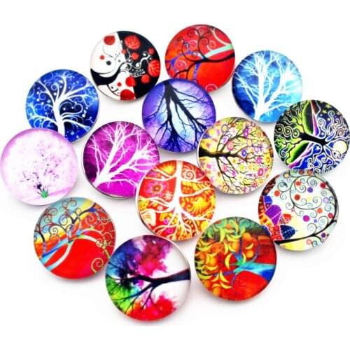 Newest 10pcs/lot life tree Snap Buttons Charms 18mm Print Dream tree Glass Buttons Fit DIY Snap Bracelets&Bangle Woman Jewelry