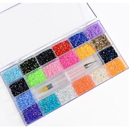 15000Pcs Fluorescence Nail Art Rhinestones 3mm 24Girds(750pcs each Gird) Neno Flat-back Nail Glass Diamond Gems+1Pick Pen In Box
