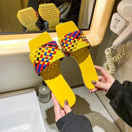 2021 Slippers Women Summer Square Toe Casual Flat Ladies Multicolor Slides Female Weave Flip Flops Womens Home Shoes Plus Size