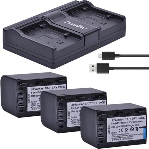 3pc 3000mAh NP-FH70 NP FH70 Li-ion Battery + USB Dual Charger For Sony DCR-DVD405 407E 408 410E 450 602E 650E DCR-SR85 HDR-HC9