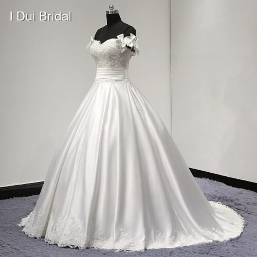 Detachable Bow Strap Satin Wedding Dresses with Pocket High Quality Sweetheart Ball Gown Factory Custom Made