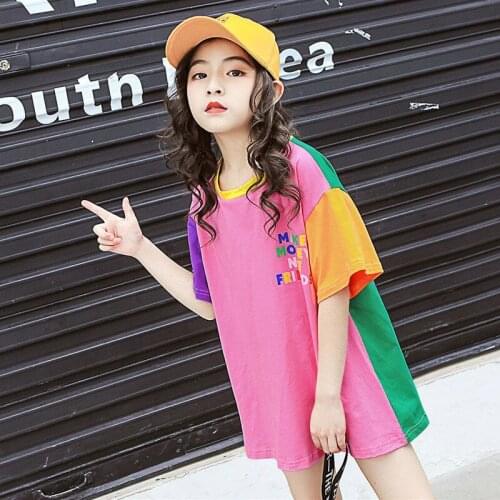 2021 Children Letter Long T-Shirts Summer Tops Short Sleeve Clothing Kids Tees Dress for Girls 8 12 11 13 Years Clothing Teenage
