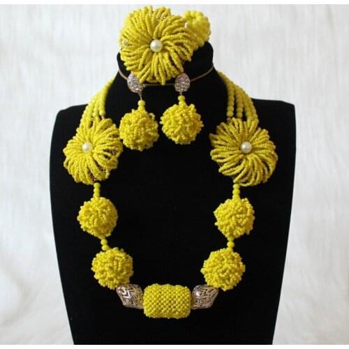 Dudo Store Sparking Bridal Jewelry Sets For African Women Yellow Beaded Flower and Balls Nigerian Jewellery Sets Free Ship Gift