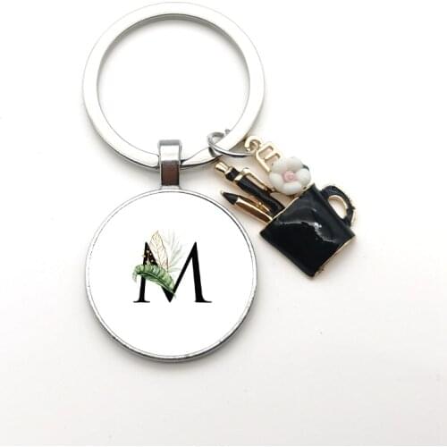 Picture enamel pen holder Teachers Day gift keychain, convex glass round A-Z pendant keychain Thank you teacher for the light