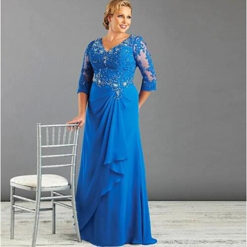 Sparkly Diamonds Lace Chiffon Plus Size Mother of the Bride Dress Half Sleeve Long Formal Evening Gowns Wedding Party Guest