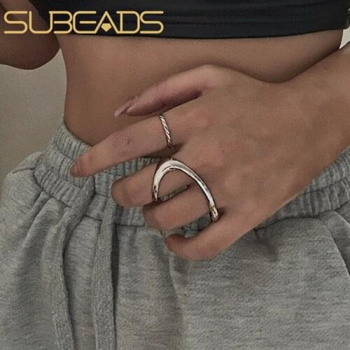 Subeads 925 Sterling Silver Two-finger Irregular Geometric Ring Silver Color Open Ring For Women Party Jewelry Gift Wholesale