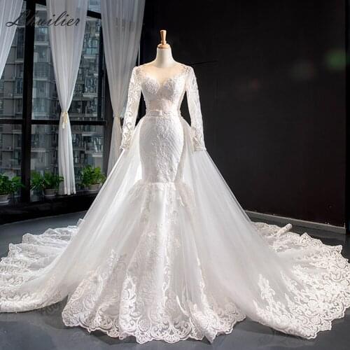 Lhuilier Illusion Lace Mermaid Wedding Dresses 2020 Floor Length Full Sleeves Appliqued Bridal Dress with Detachable Train