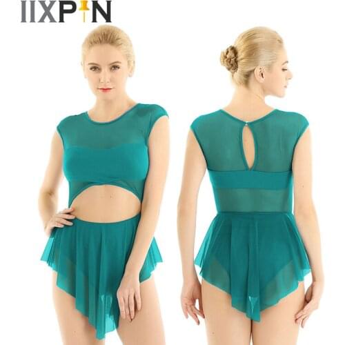 Lyrical Dance Dress Ballet Leotard for Women Sleeveless Round Neck Cut Out Front Asymmetric Mesh Gymnastics Leotard Ballet Dress