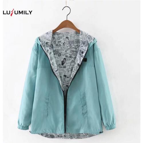 Lusumily 2020 Autumn Women Bomber Basic Jacket Pocket Zipper Hooded Two Side Wear Cartoon Print Outwear Loose Coat windbreaker
