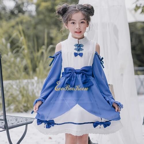 Cute Girls Chinese Costume Republican Style Hanfu Chiffon Off-the-shoulder Dress Traditiona Han Tang Halloween Costume For Kids