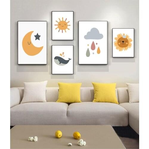 Room Wall Art Decoration Picture Childrens Room Art Cartoon Anima Sun Stars Posters and Prints Moon Rainbow Canvas Prints Kids