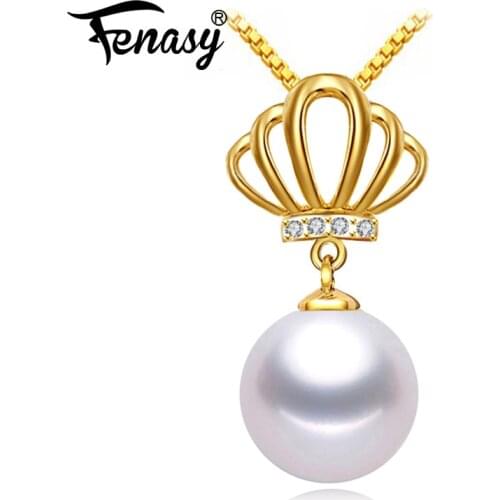 FENASY 18K Yellow Gold Crown pendant pearl necklace women pearl Jewelry chain necklace,send with 925 Silver necklace
